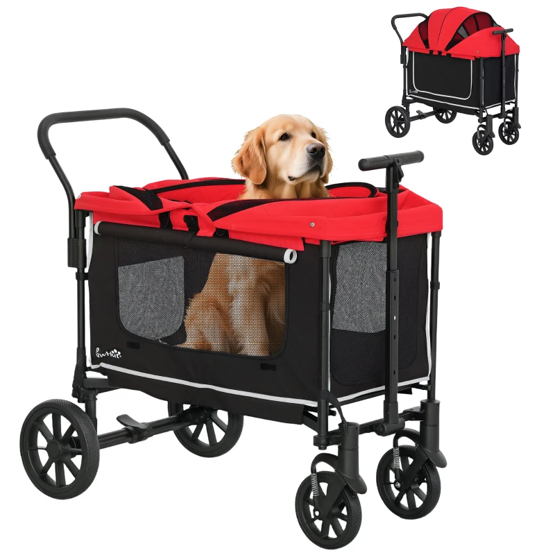 PawHut Dog Stroller, Puppy Buggy Cargo Trailer with Removable Adjustable Canopy, Storage Bag, Washable Cushion, Safety Leashes, Folding Pet Stroller for Large Dogs, Red