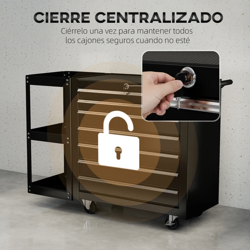 HOMCOM Carro de Herramientas con 7 Cajones Estantería de 3 Niveles Desmontable Sistema de Cierre Central Asa Negro