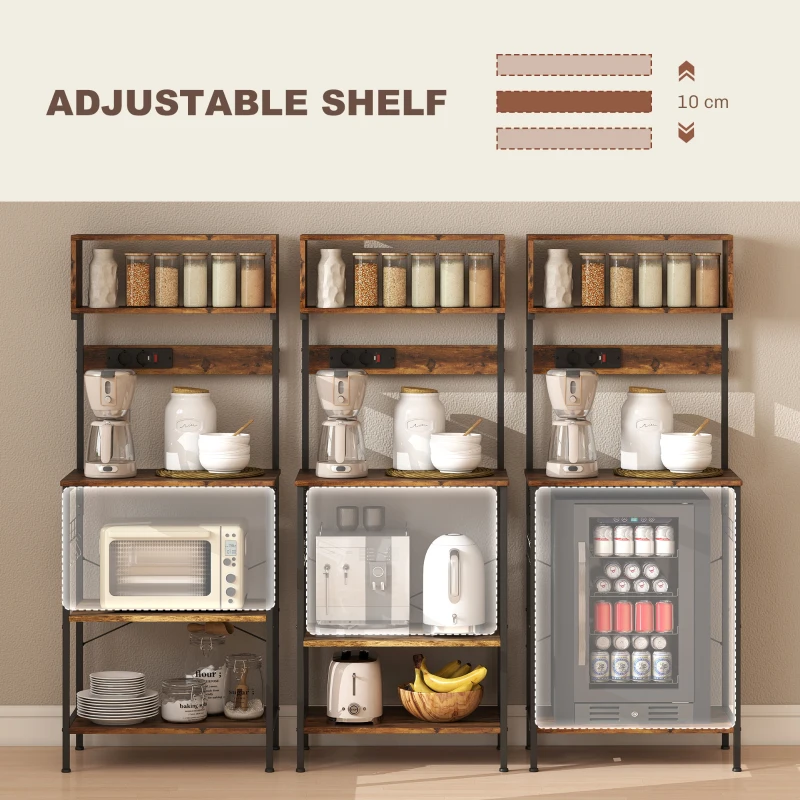 HOMCOM Regał Kuchenny, Wolnostojący Regał z 5 Hakami S, 5 Półkami, Gniazdkami, USB, Bar Kawiarniany z X-Brace, Stalowy, Rustykalny Brąz, 60 x 42 x 153 cm