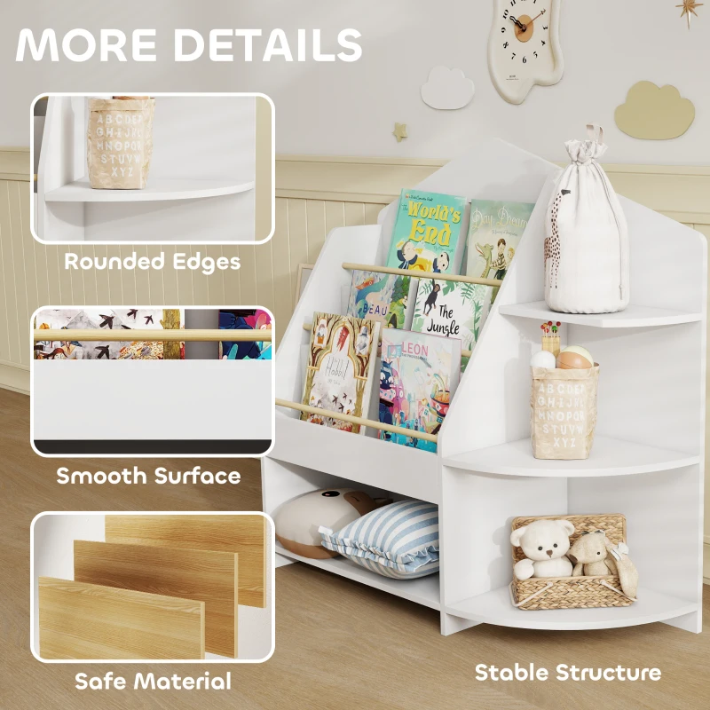 AIYAPLAY Regał dla dzieci z 4 otwartymi przegrodami i 3 półkami, Regał na zabawki i książki, Biały, 80x30x79,7 cm