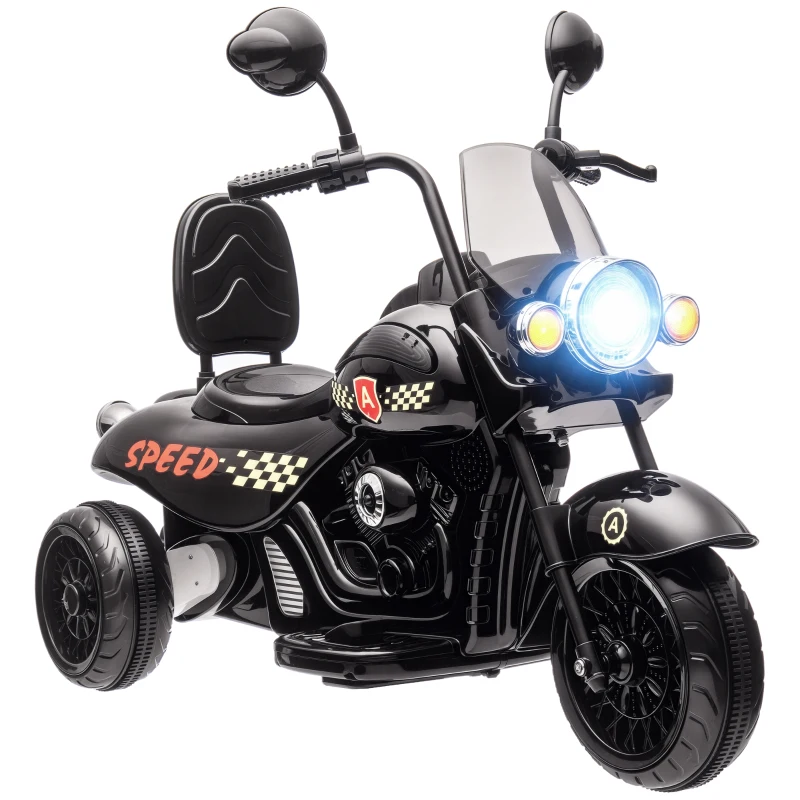 AIYAPLAY Electric Motorcycle for Kids, 3 Wheels 6V Battery Powered Motorbike Ride on Motorcycle with Headlights, Music, Reverse Forward, for Boys and Girls Aged 3-6 Years, Black