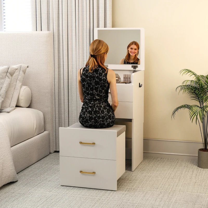 HOMCOM 3 in 1 Dressing Table with Mirror and Cushioned Stool, Compact Vanity Desk Bedroom Make Up Desk with Visible Glass Tabletop and Storage Drawers, White