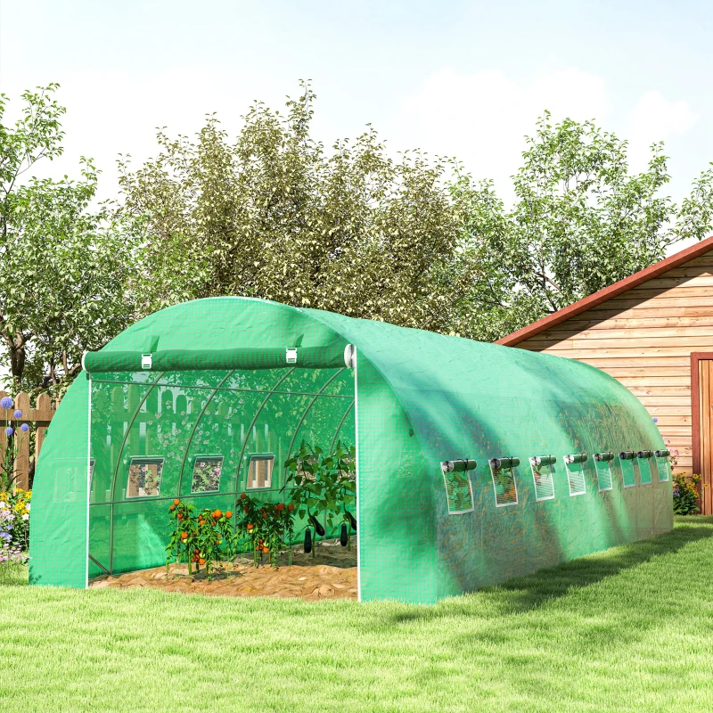 Outsunny Estufa Túnel 8x3x2 m 24 m² 16 Janelas Porta com Zíper Aço Galvanizado Lona Pe Verde
