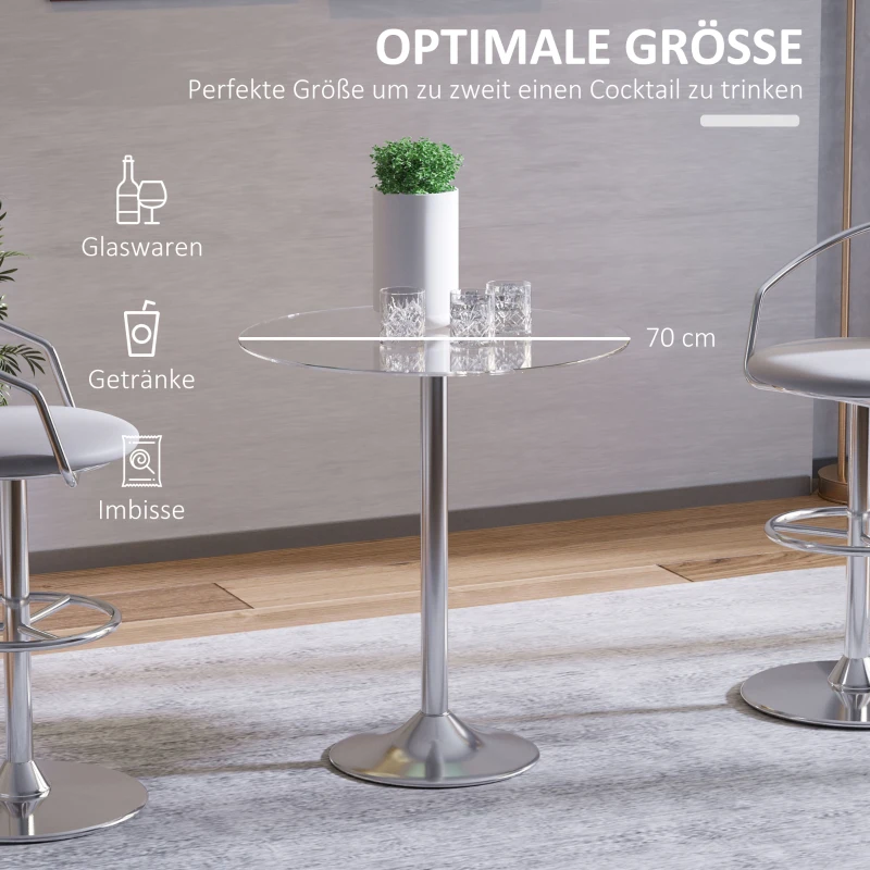 Stół HOMCOM, Okrągły stół kuchenny z blatem ze szkła, Nowoczesny stolik kawowy, stół barowy z metalową ramą, Stół jadalniany dla 2 osób, Ø70 x 74,5 cm, Przezroczysty