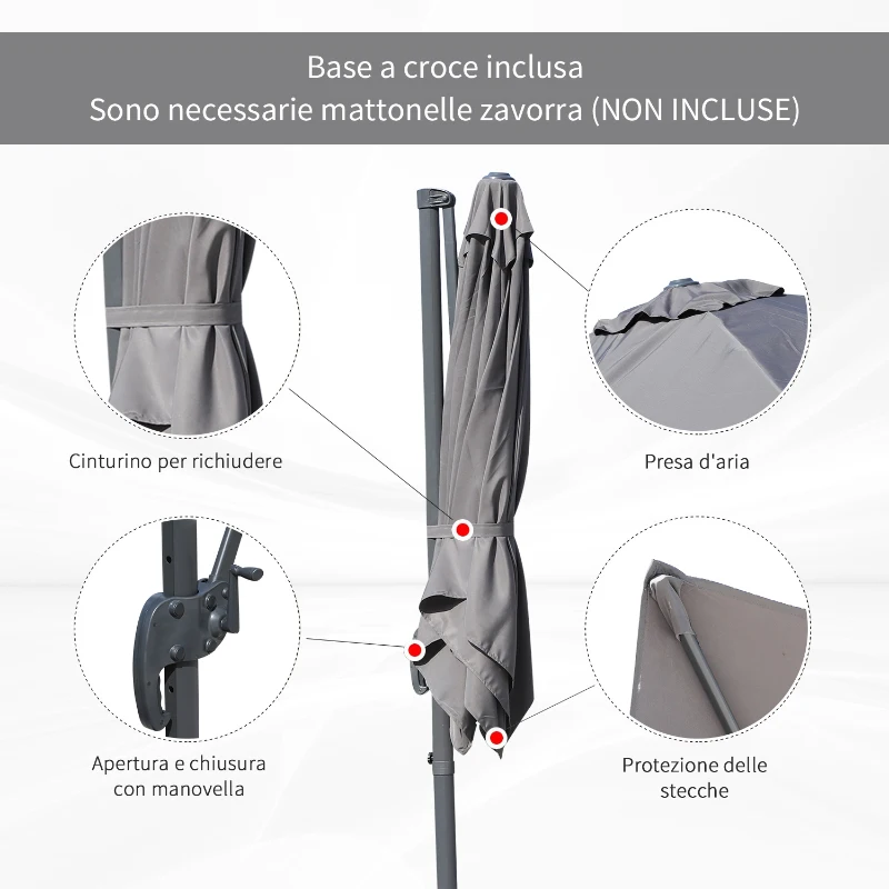 Outsunny Ombrellone da Giardino a Manovella 245x245cm con Rotazione 360° Parasole Regolabile Grigio