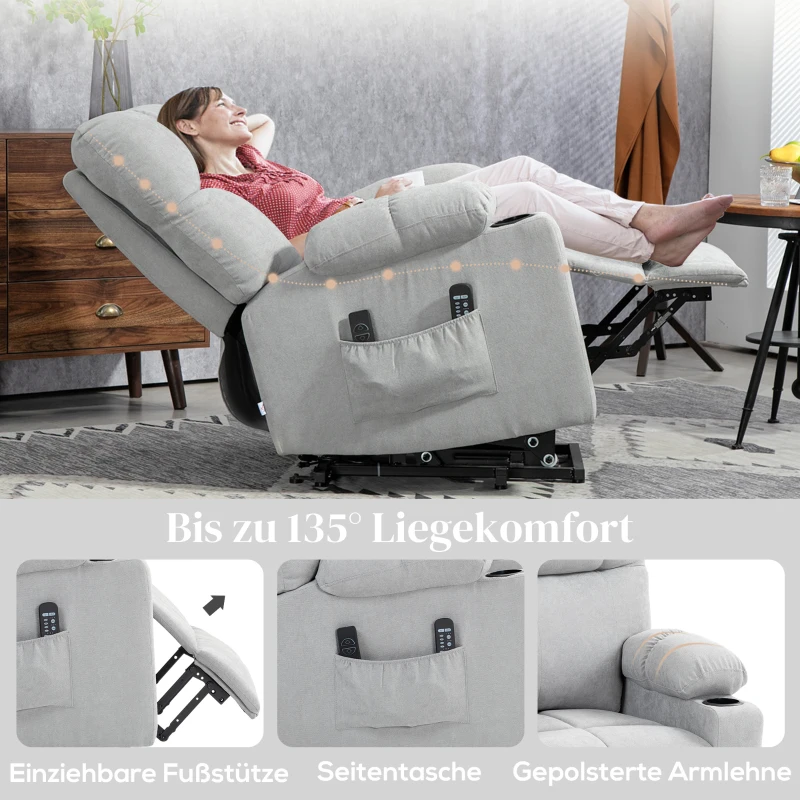 HOMCOM Fotel z funkcją podnoszenia, elektryczny fotel relaksacyjny z funkcją masażu, fotel telewizyjny z funkcją ogrzewania, fotel kinowy w optyce flaneli, jasnoszary 91 x 95 x 109 cm