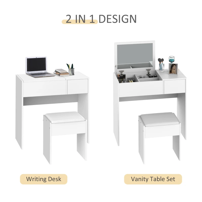 HOMCOM Makeup Desk with Drawer, Vanity Table Set with Flip-up Mirror and Cushioned Stool, White