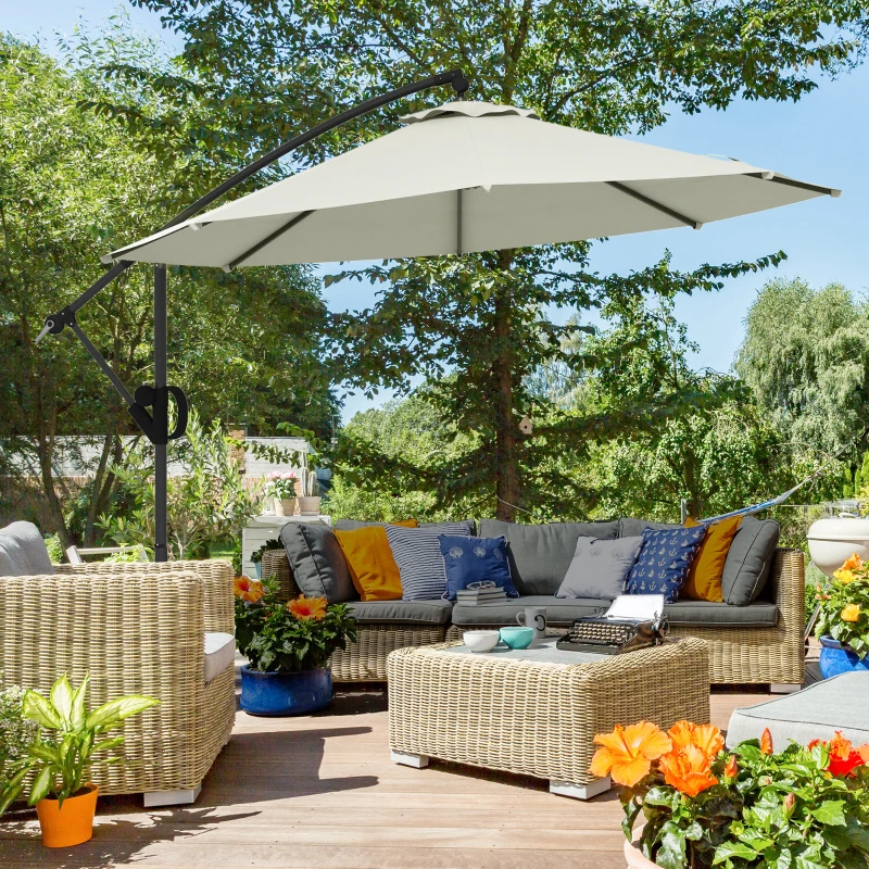 Outsunny Ø293 cm Parasol ogrodowy z podstawą krzyżową, parasol z korba, regulacją kąta i 8 żebrami, zawieszany parasol tarasowy do basenu zewnętrznego, ogrodu, balkonu, Kremowy
