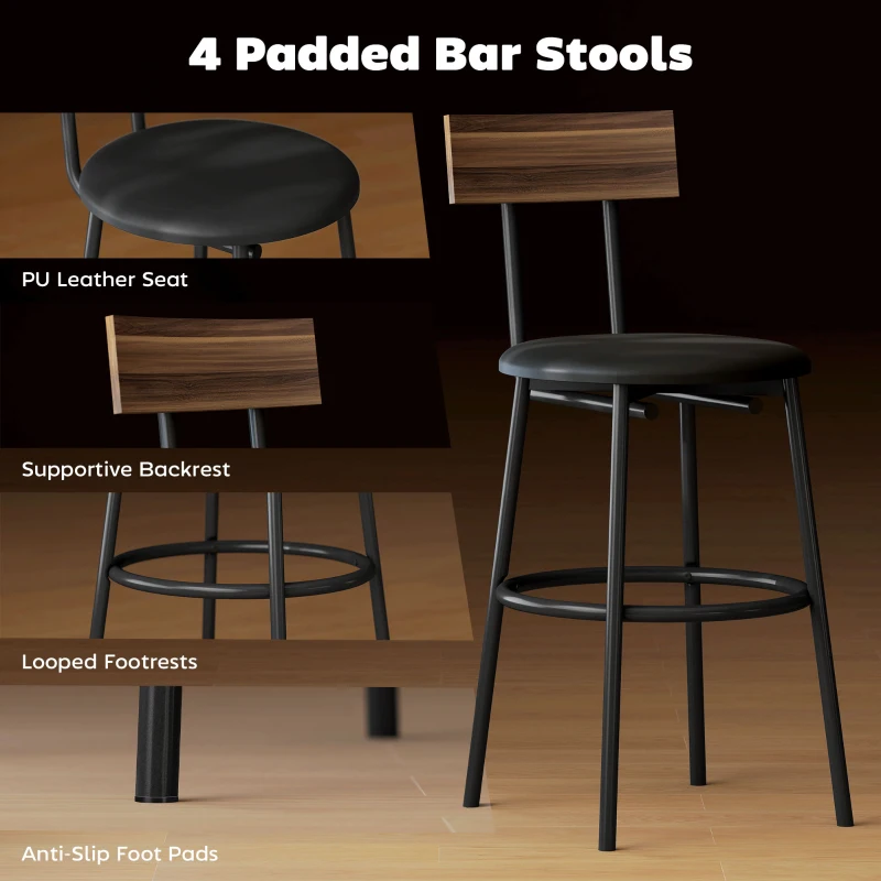 HOMCOM 5-Piece Counter Height Bar Table Set with 4 Stools, Industrial Dining Table Set for 4 with Footrest and Steel Frame for Small Spaces, Kitchen, Dining Room, Brown