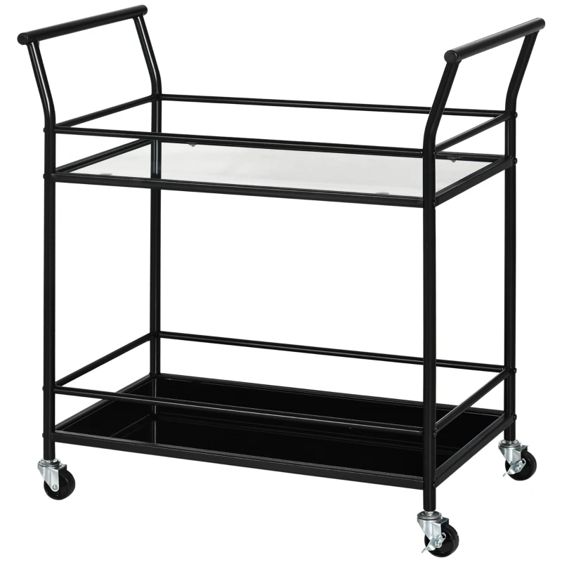 Wózek kuchenny HOMCOM, wózek na kółkach, wózek kelnerski z 2 półkami, trolley, wózek pomocniczy na kółkach, wózek na akcesoria kuchenne, metal, czarny, 75 x 40 x 80 cm