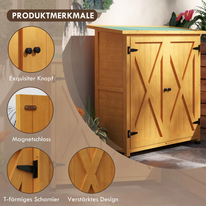 Outsunny Szafka Ogrodowa, Schowek na Narzędzia z Drewna, Wodoodporny Schowek na Narzędzia z 2 Drzwiami, Domek na Narzędzia z Dachem Asfaltowym, Szafka na Narzędzia dla Ogrodu, Tarasu, 110 x 55 x 117 cm, Żółty