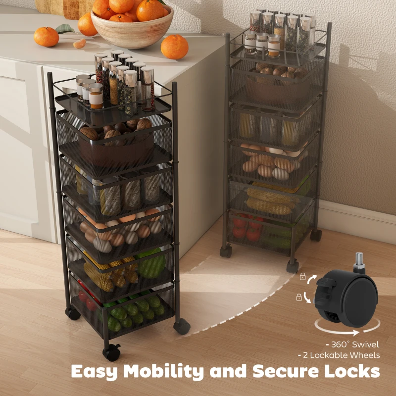 Wózek kuchenny HOMCOM z 5 poziomami, obrotowymi koszami, uchwytem, na kółkach, wszechstronny wózek do przechowywania, czarny