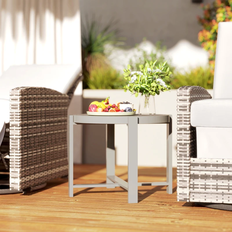 Outsunny Round Small Garden Table, 60cm Outdoor Side Table with Faux Marble Tempered Glass Top, Aluminium Frame for Garden, Patio, Balcony, Grey