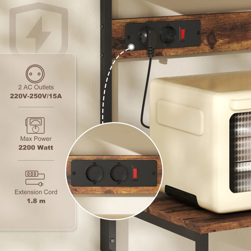 HOMCOM Regał Kuchenny, Wolnostojący Regał z 5 Hakami S, 5 Półkami, Gniazdkami, USB, Bar Kawiarniany z X-Brace, Stalowy, Rustykalny Brąz, 60 x 42 x 153 cm