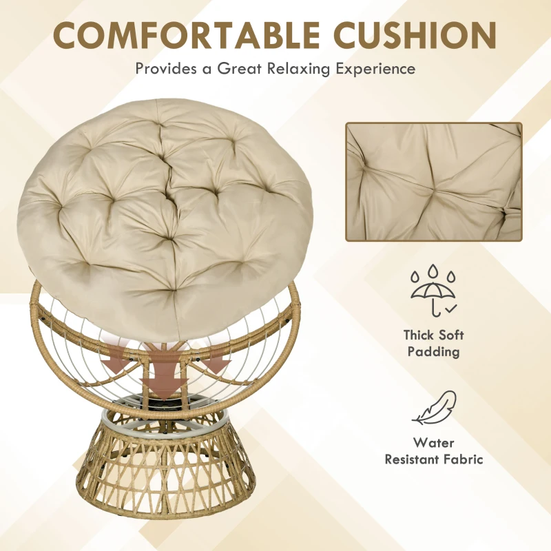 Outsunny Fotel obrotowy z wikliny Rattan z poduchą 360 stopni Regulowane podnóżki 85 x 70 x 82 cm Khaki