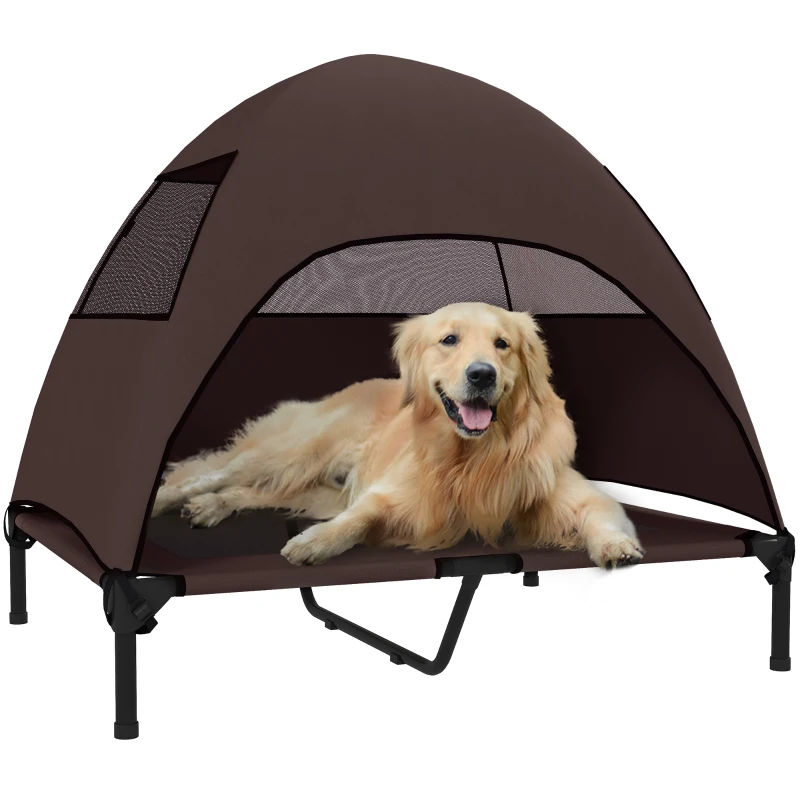 PawHut Elevated Dog Bed with Removable Canopy, Pet Bed with Storage Bag for Indoor Outdoor, for Medium Large Dogs, 91 x 76 x 90 cm, Coffee