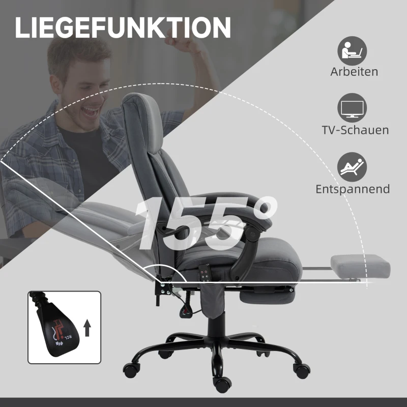 Vinsetto Fotel biurowy z funkcją masażu, Ergonomiczny Krzesło Biurowe z funkcją leżenia, Podgrzewaniem Lędźwiowym, Regulowaną Wysokością, Komputerowe z Podnóżkiem, Obrotowe, Ciemnoszary