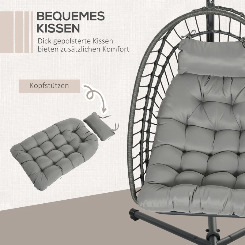 Outsunny Fotel wiszący z wikliny, fotel wiszący, wysokość 194 cm, kosz huśtawki do użytku wewnątrz i na zewnątrz, w zestawie stelaż, składany kosz wiszący, poduszka, do 100 kg, jasnoszary