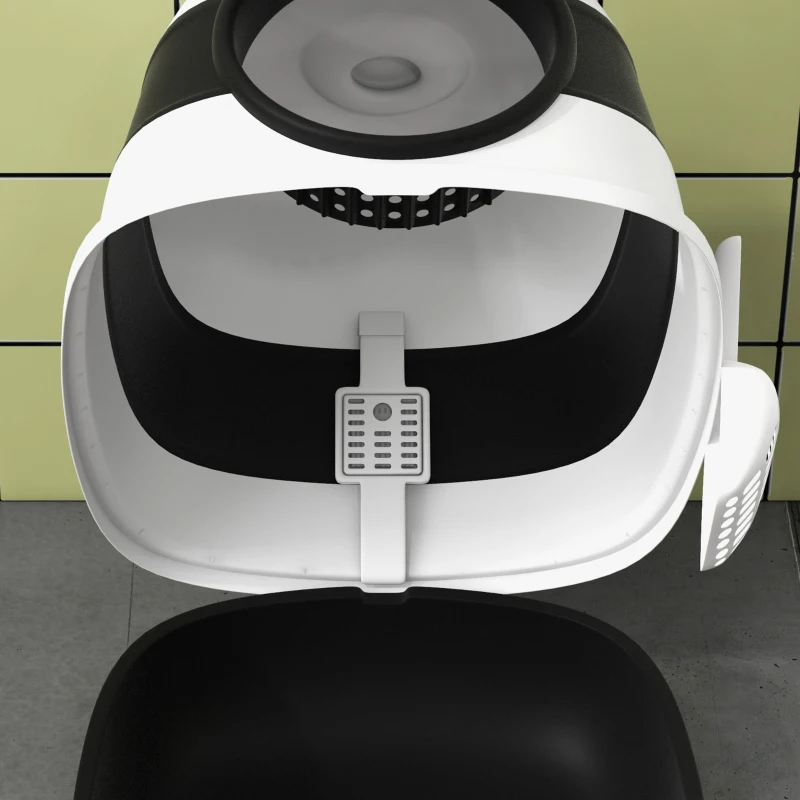 PawHut Kuweta dla Kota z Pokrywą, Łopatką i Odświeżaczem, Duże Wnętrze dla Kotów do 5 kg, Biały+Czarny, 52 x 41 x 38 cm