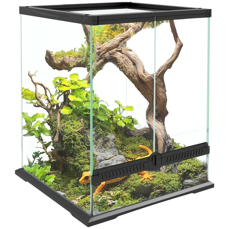 PawHut Terrarium dla gadów z funkcją zabezpieczenia przed ucieczką, Wentylacja, 120L Terrarium szklane z zarządzaniem kablami, dla amfibii pająka, Metal, Czarny, 45 x 45 x 60 cm