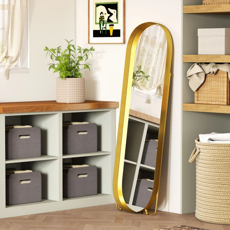 HOMCOM Lustro całkowite 160 x 50 cm, Łukowaty stojący lustro z metalową ramą i Szkłem Odpornym na Rozbicie, Lustro ścienne do stania, opierania, dla salonu, sypialni, korytarza, złote