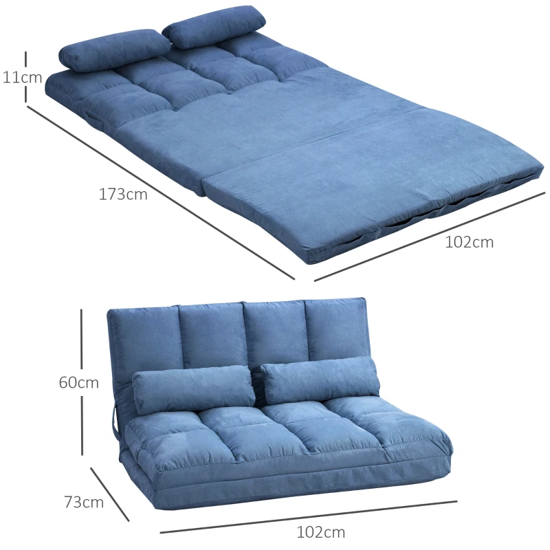 HOMCOM Sofa Podłogowa 2 w 1 z funkcją łóżka, 3 pozycje regulowanego oparcia, Niebieska Aksamitna Stal 102 x 73 x 60 cm