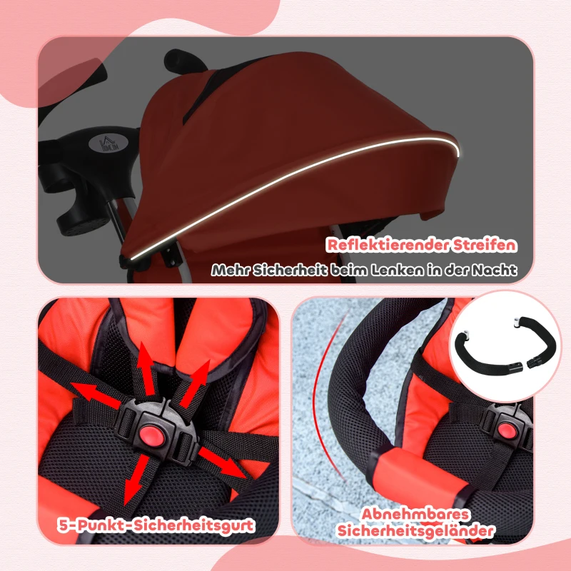 HOMCOM 4-in-1 kinderdriewieler, kinderfiets met veiligheidsgordel en zonnedak, driewieler, kinderauto, kinderwagen, buggy, aluminium, metaal, kunststof, rood, 118 x 53 x 105 cm