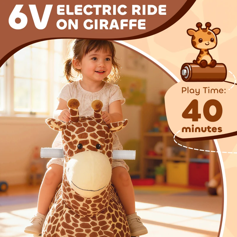 AIYAPLAY Elektryczny pojazd dla dzieci w kształcie żyrafy, zasilany baterią 6V, z muzyką, pedałem, zdejmowanym pokrowcem z pluszu, cichymi kołami, prędkością 1,8-3 km/h, dla dzieci w wieku 1,5-5 lat, kolor brązowy