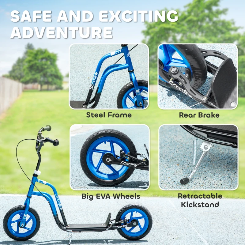 AIYAPLAY Hulajnoga dla dzieci z regulowanym kierownicą, dużymi kołami i hamulcem ręcznym, 12-calowe koła, dla chłopców i dziewcząt w wieku 5-12 lat, Niebieska