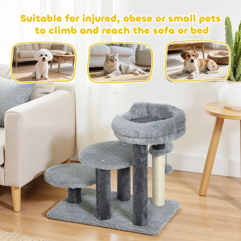 PawHut Drabinka dla Kota 3-stopniowa Schody dla Zwierząt z Łóżkiem i Piłką Schody dla Psów Drabinka dla Kotów do 6 kg Plusz Szary 60 x 40 x 56 cm