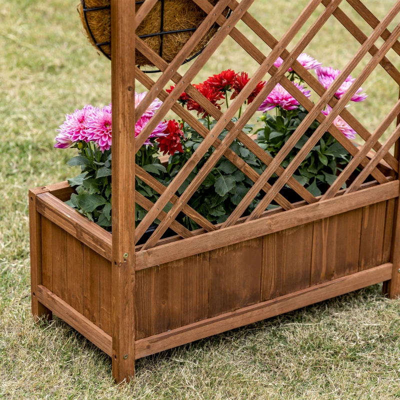 Outsunny Garden Planter with Trellis, Wooden Raised Bed for Garden with Lattice Trellis for Vegetables, Herbs and Flowers, Brown