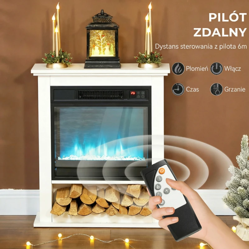 HOMCOM Elektryczny kominek stojący z ogrzewaniem, efekt płomieni, 9 kolorów płomieni i 5 poziomów jasności, 1800W, biały