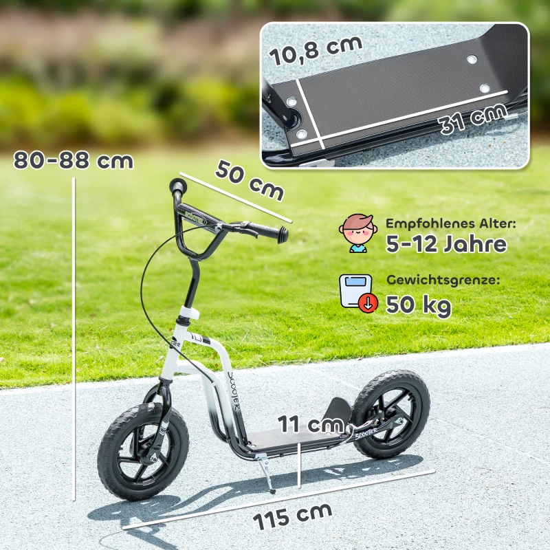 AIYAPLAY Hulajnoga dla dzieci z regulowanym kierownicą, dużymi kołami i hamulcem ręcznym, 12-calowe koła, dla chłopców i dziewczynek w wieku 5-12 lat, Biała