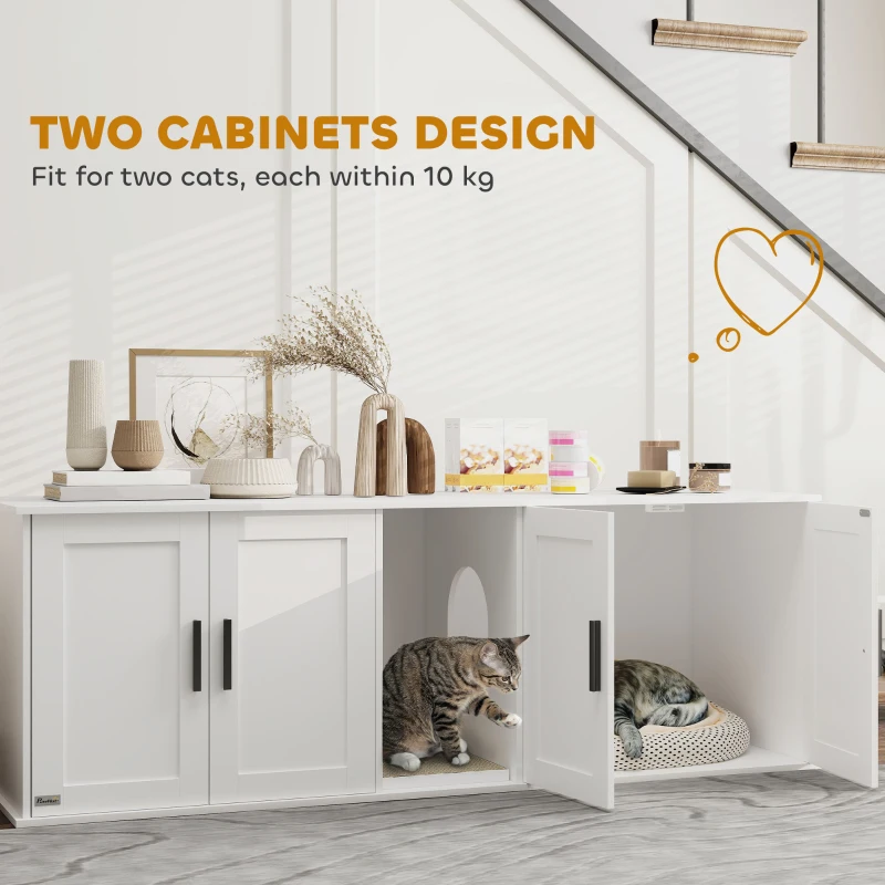 PawHut Cat Litter Box Enclosure, Hidden Kitty Litter Box with Scratching Board, 2 Cabinets, Cat House End Side Table TV Stand for 2 Cats, White