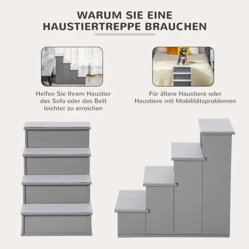 PawHut Schody dla Zwierząt, dla Psów/Kotów, 4-stopniowe, Krótki Plusz, do 30 kg, 40 x 59 x 54,2 cm, Szare