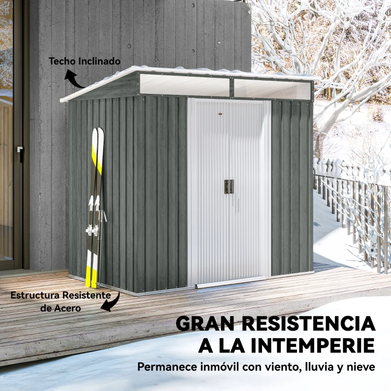 Outsunny Caseta de Jardín 195x122x181,5 cm con Puerta Corredera 2 Ventanas y Anti-UV para Almacenar Herramientas Gris Claro