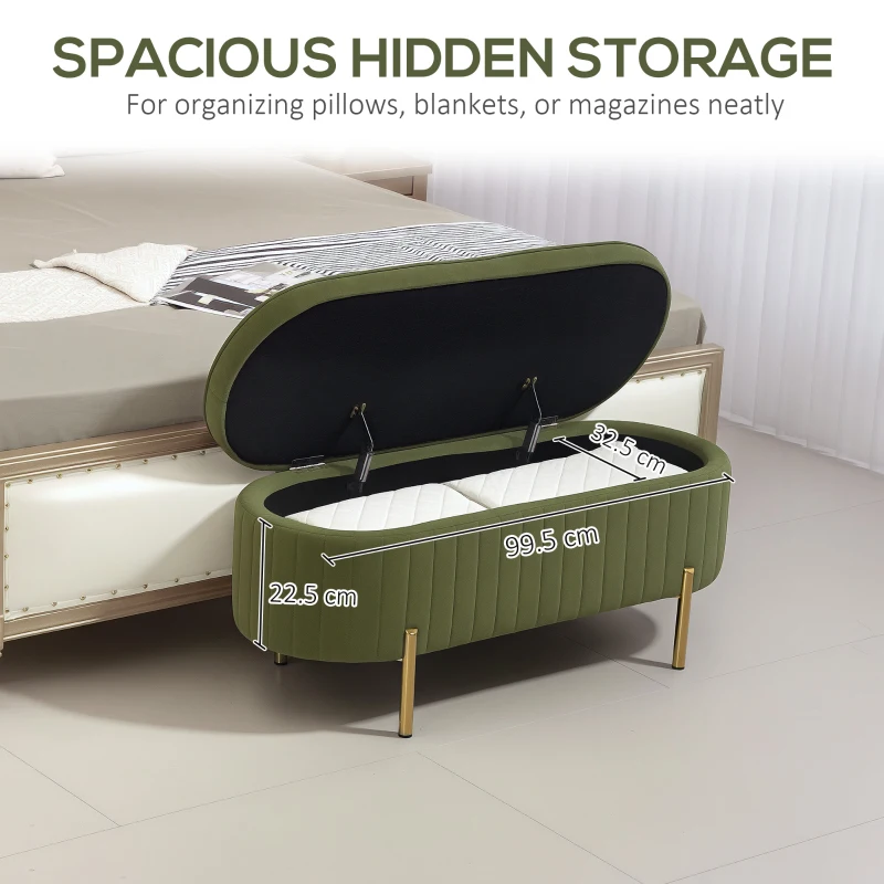 HOMCOM Upholstered Bedroom Bench, Channel Tufted End of Bed Bench, Window Seat with Thick Padding and Metal Legs for Bedroom Living Room, Hallway, Green