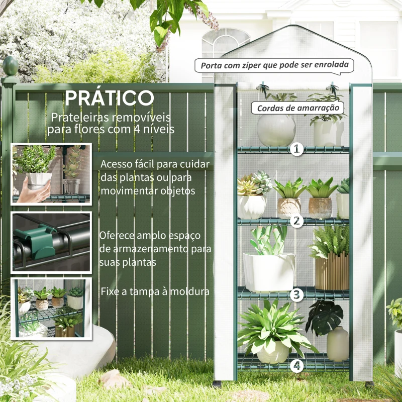 Outsunny Estufa de Jardim com 4 Prateleiras e Cobertura de PE Estufa de Aço para Cultivo de Plantas Flores 69x50x165 cm Branco