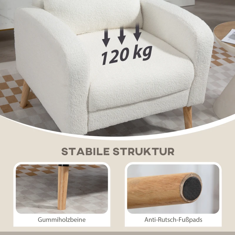 HOMCOM Modern Armchair with Tufted Back, Upholstered Accent Chair with Rubberwood Legs and Lumbar Pillow for Living Room, Bedroom and Office, White