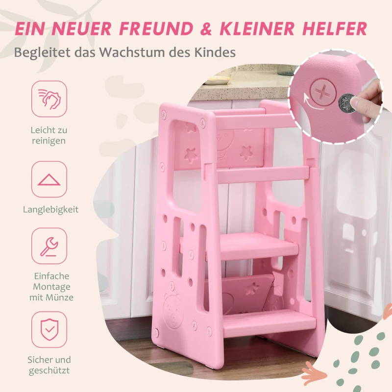 Qaba Toddler Tower with Adjustable Height, Toddler Kitchen Stool Helper with Anti-slip Mat, Step Stool for Kitchen, Bathroom, Pink