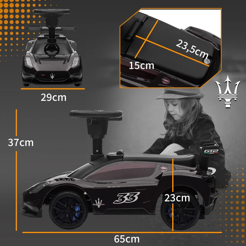 AIYAPLAY Ride on Sliding Car, Baby Push Car Licensed Maserati GT2 with Under Seat Storage, Music, Horn, Foot to Floor Toddler Car for 18-60 Months, Black