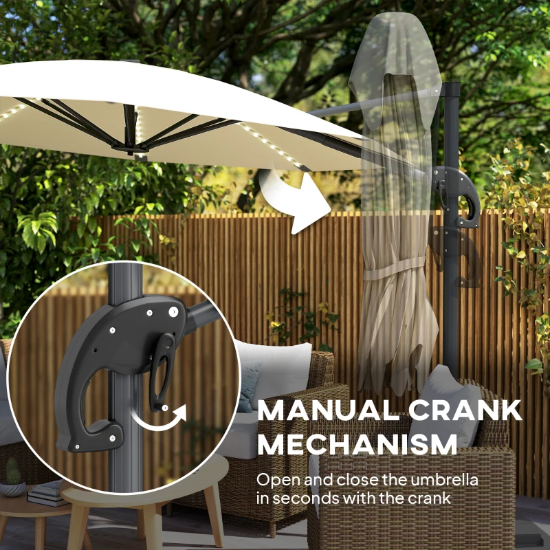 Outsunny 3(m) Cantilever Garden Parasol with Solar Powered Lights, Crank Handle & Cross Base, UPF 50+, 360° Rotation, Cream