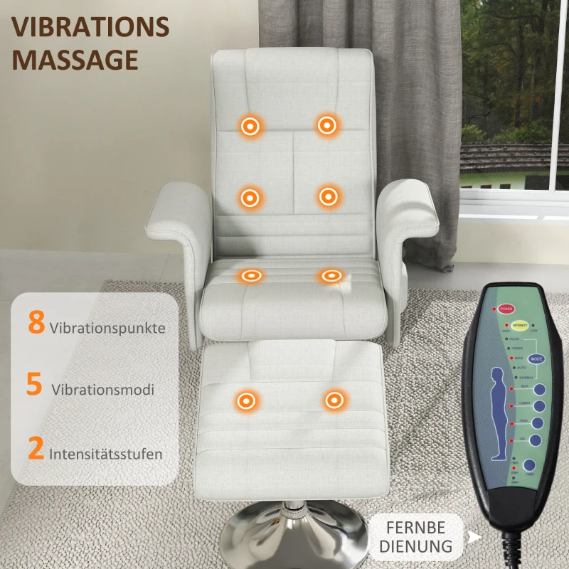 Fotel masujący z podnóżkiem, funkcja leżenia, kremowy