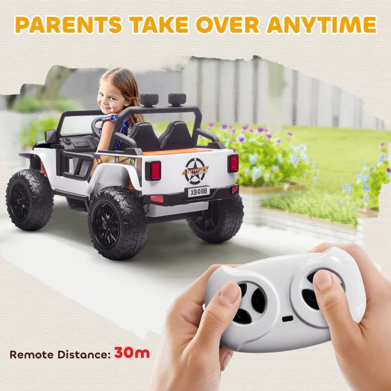 AIYAPLAY Elektryczny samochód dla dzieci, 12V, z pilotem, 2 silniki, pojazd dziecięcy z klaksonem, LED, muzyką, siedzeniem dla rodzica, zawieszeniem na 4 kołach, dla dzieci 3-8 lat, biały