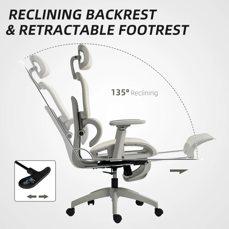 HOMCOM Krzesło Biurowe z Funkcją Wypoczynku i Odchylenia Ergonomiczne z Regulowanym Oparciem Wysokość Regulowana Obrotowe z Składanymi Podłokietnikami Podparcie Lędźwiowe Beżowe