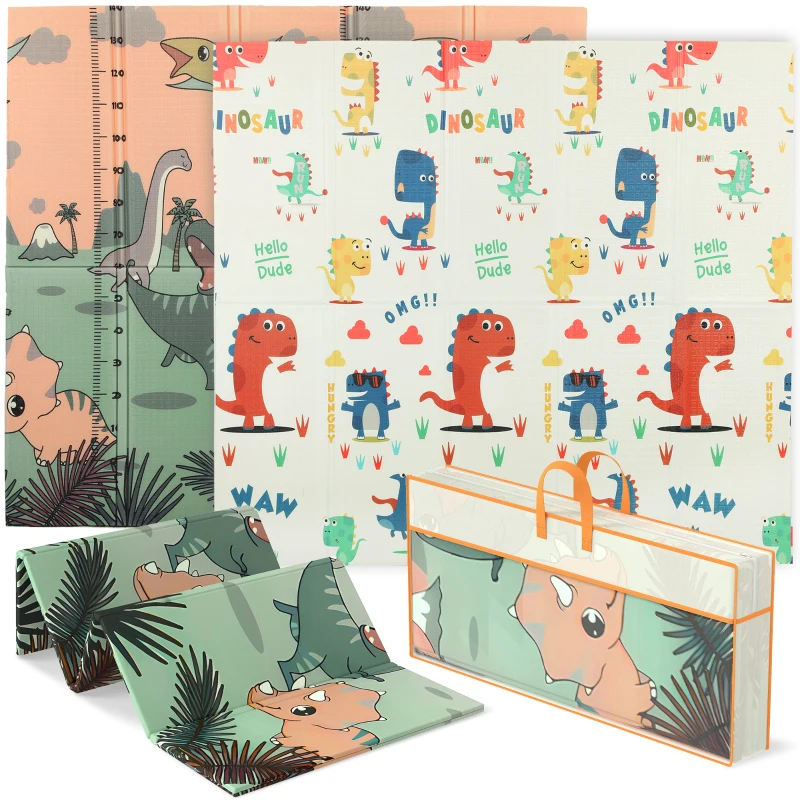 AIYAPLAY Baby Play Mat Double Sided, Foldable Activity Playmat, Reversible & Waterproof, Kids Large Foam Crawling Mat for Outdoor Indoor Playtime Picnics, 196 x 176 x 1.5cm, Dinosaur Theme