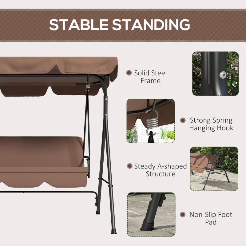 Outsunny Huśtawka ogrodowa 3-osobowa z regulowanym dachem, odporna na wodę, do 200 kg, ogrodowa, na balkon, z siatki, brązowa