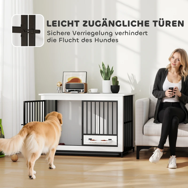 PawHut Klatka dla psów do domu z 2 drzwiami, Zamykana buda dla psów w pomieszczeniach z obrotowymi miskami, wyjmowana taca dla małych/średnich/dużych psów Biała 95 x 60 x 68,5 cm