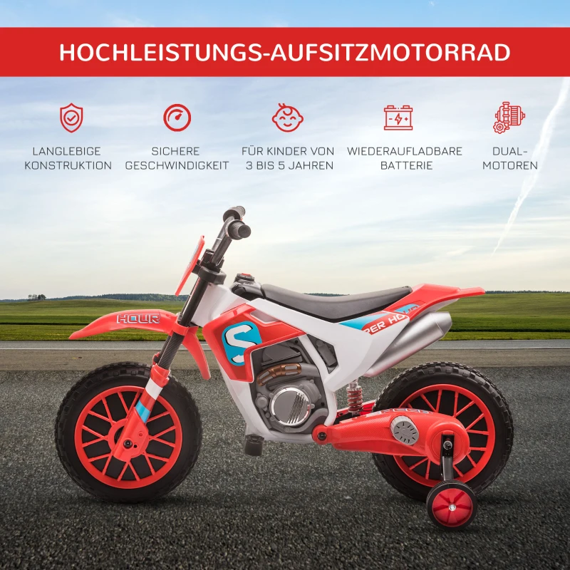 HOMCOM Elektryczny Motocykl dla Dzieci 12V z 2 Zdejmowanymi Kółkami Stabilizacyjnymi, Czerwony+Biały, 106,5 x 51,5 x 68 cm