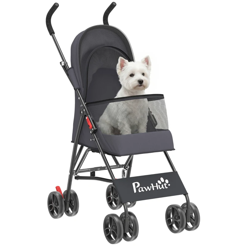 PawHut Dog Stroller, Foldable Cat Dog Pram for Miniature Breeds, Pet Stroller with Brake, Mesh Windows, Dark Grey